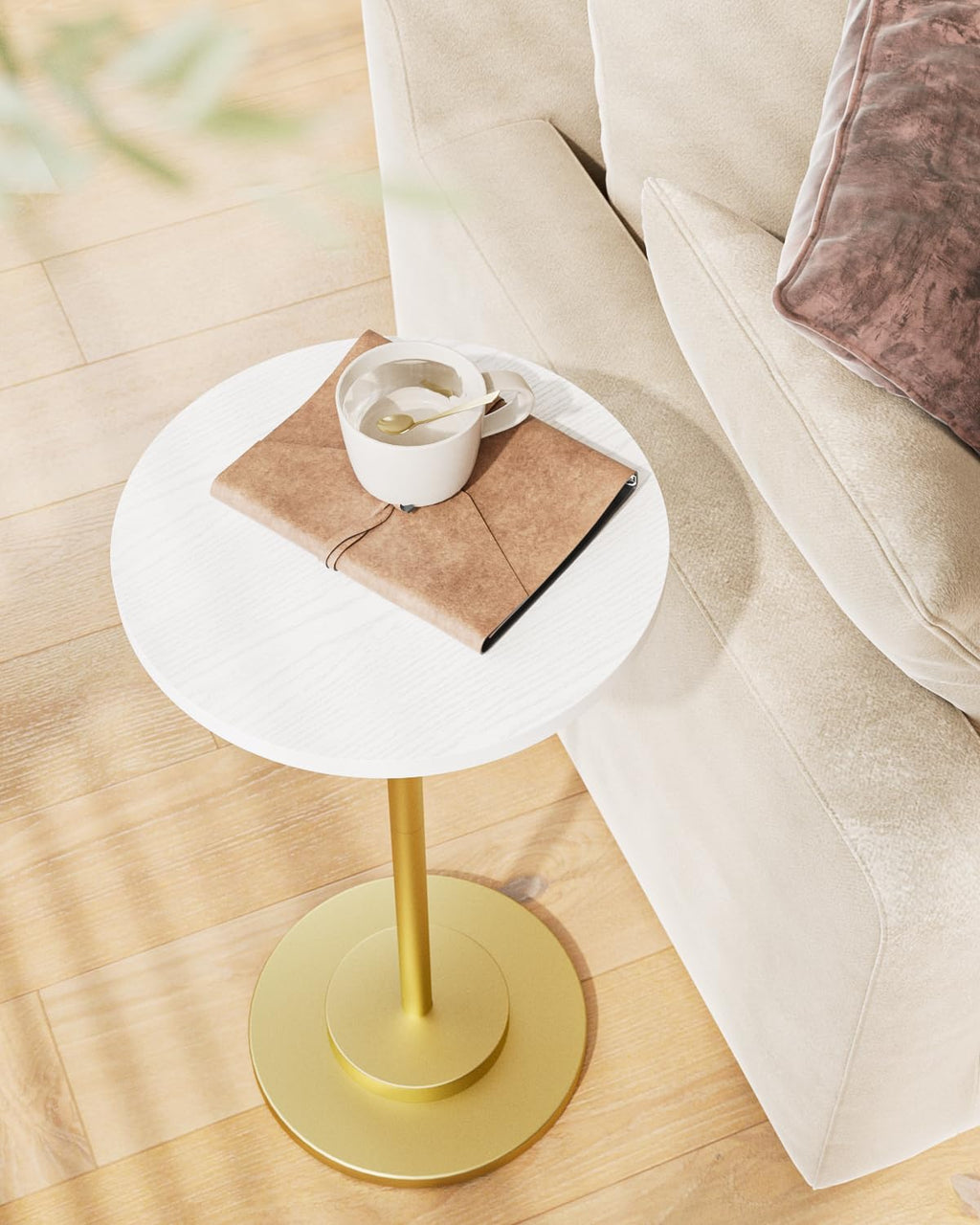 Masupu Drink Table, Round Side Table for Small Spaces, Pedestal Small End Table with Metal Base, for Living Room, Bedroom, Bathroom, Rustic Brown