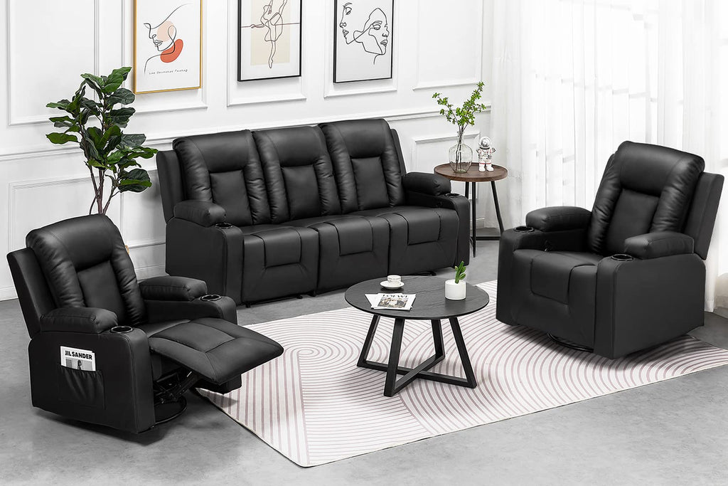 COMHOMA Recline Chair Set，Furniture 2PC Bonded Leather Recliner Set Living Room Set, Sofa, Loveseat（Black,Living Room Set3+2）