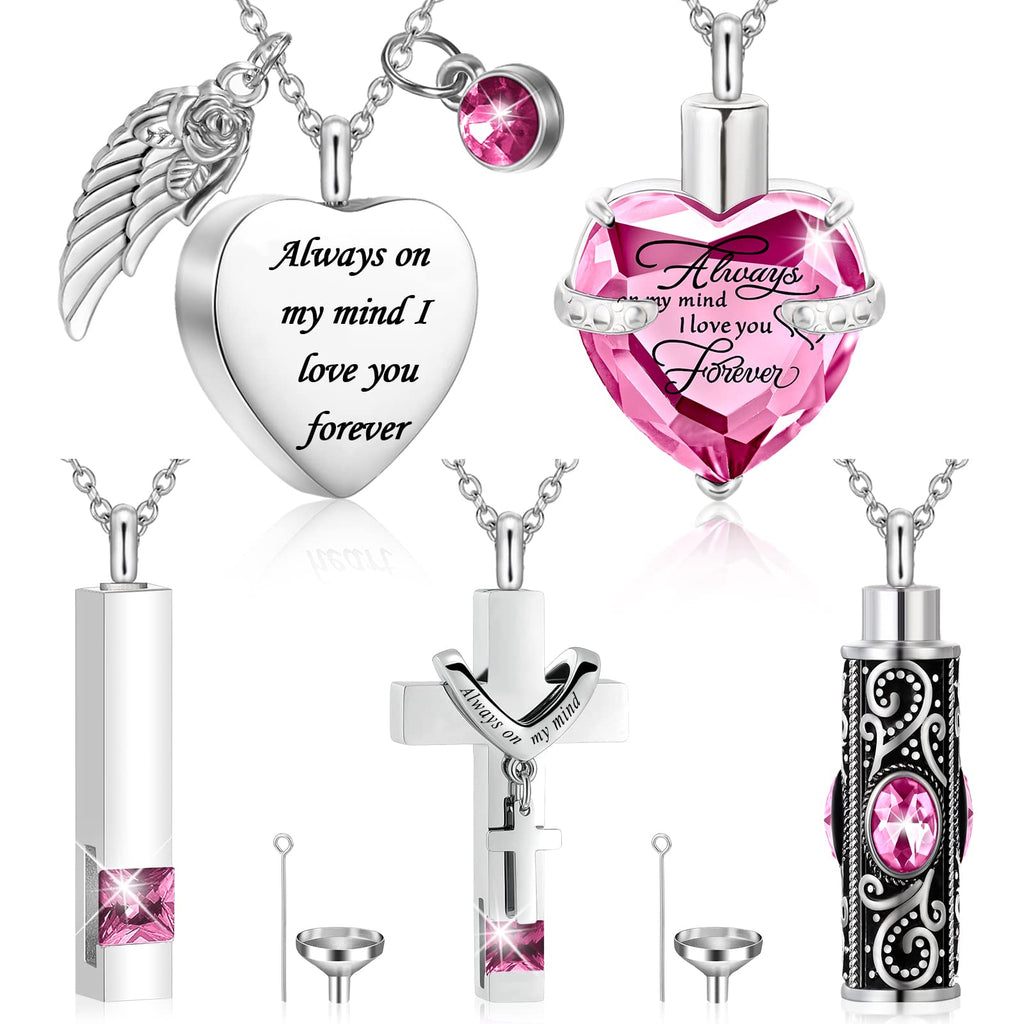 Fumete 5 Pcs Ashes Urn Necklace Keepsake Cremation Heart Cross Cubic Jewelry for Ashes Stainless Steel Memorial Locket Urn Keepsake Necklace for Women Men Loved Ones, 5 Styles