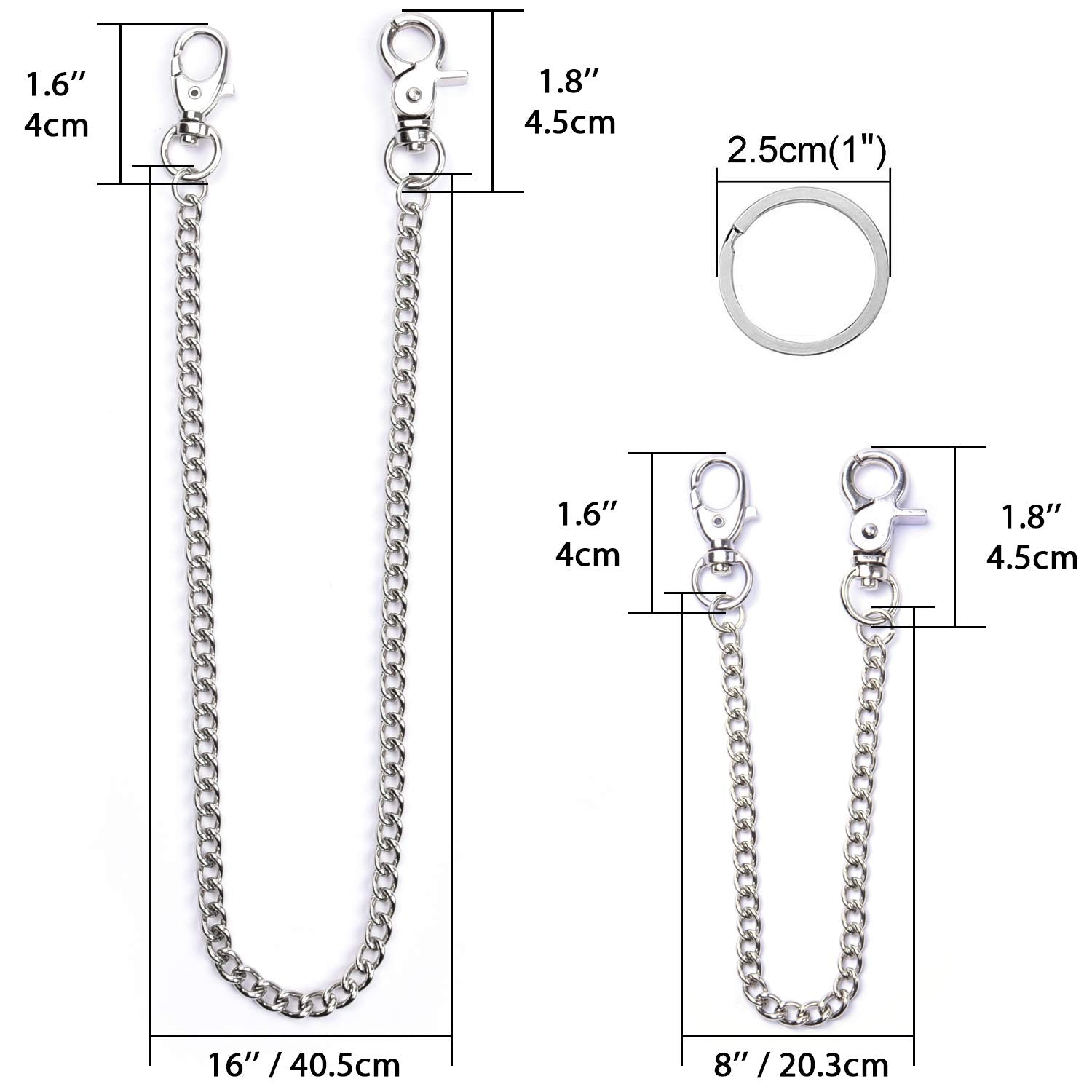 Wisdompro Wallet Chain, 2 Pack (8 and 16 Inch) Heavy Duty Pocket Keychain with Both Ends Lobster Clasps and Extra 2 Rings for Keys, Wallet, Jeans, Pants, Belt Loop, Purse and Handbag - Silver
