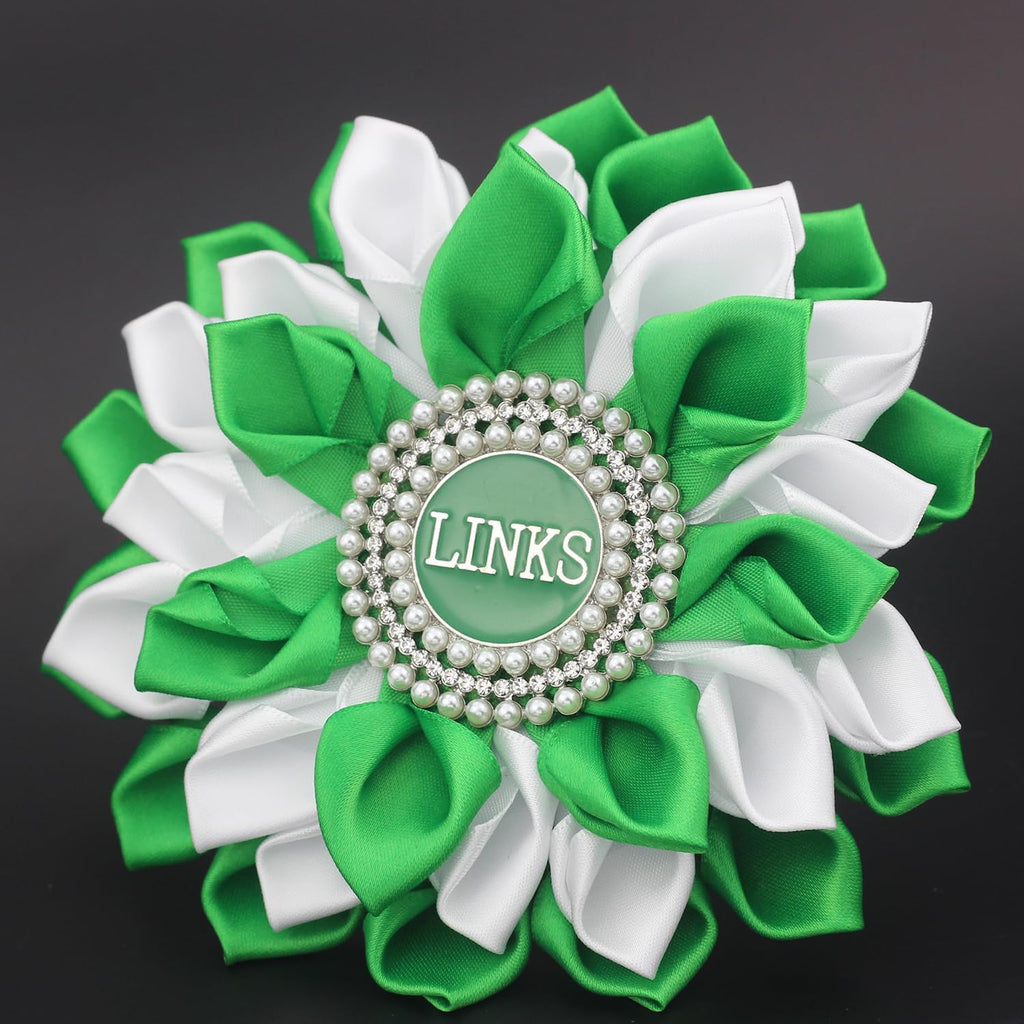 Greek Sorority Paraphernalia Gift Sorority Brooch Pin for Women White & Green Satin 5.5" Pearl Flower Pin