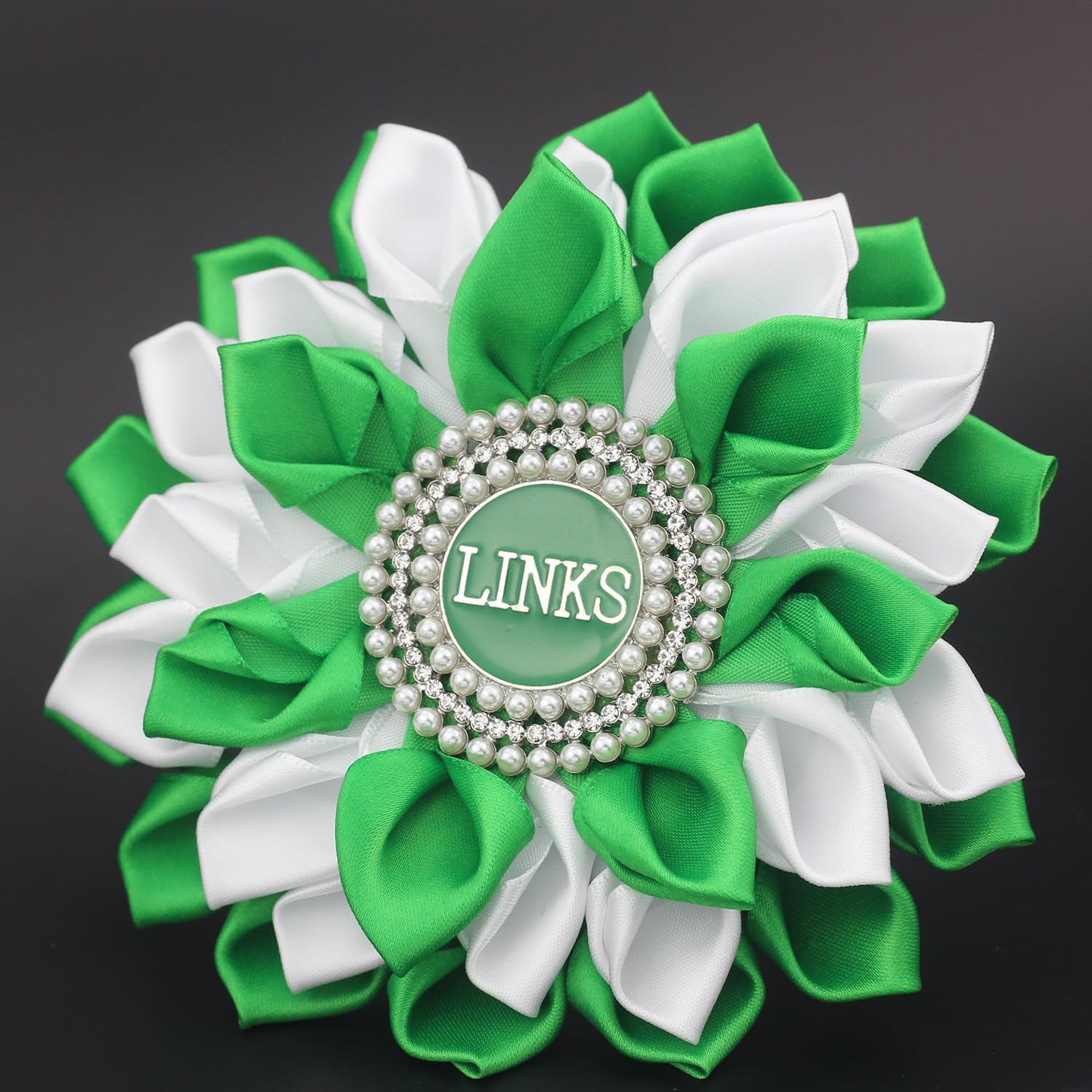 Greek Sorority Paraphernalia Gift Sorority Brooch Pin for Women White & Green Satin 5.5" Pearl Flower Pin