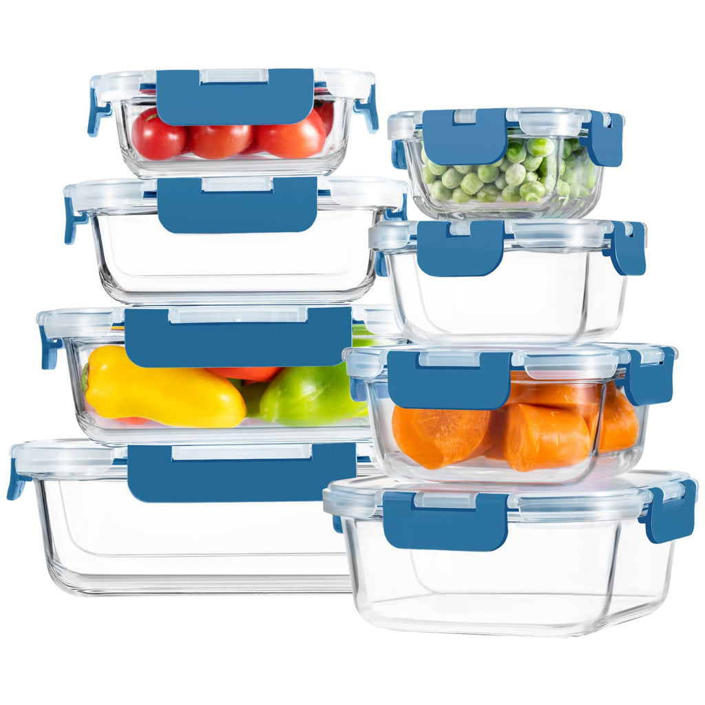 8 Pack Borosilicate Glass Food Storage Containers with Lids, Glass Meal Prep Containers, Airtight Bento Lunch Boxes with Snap Locks, Oven, Freezer and Dishwasher Safe, BPA Free, Kitchen Storage Set