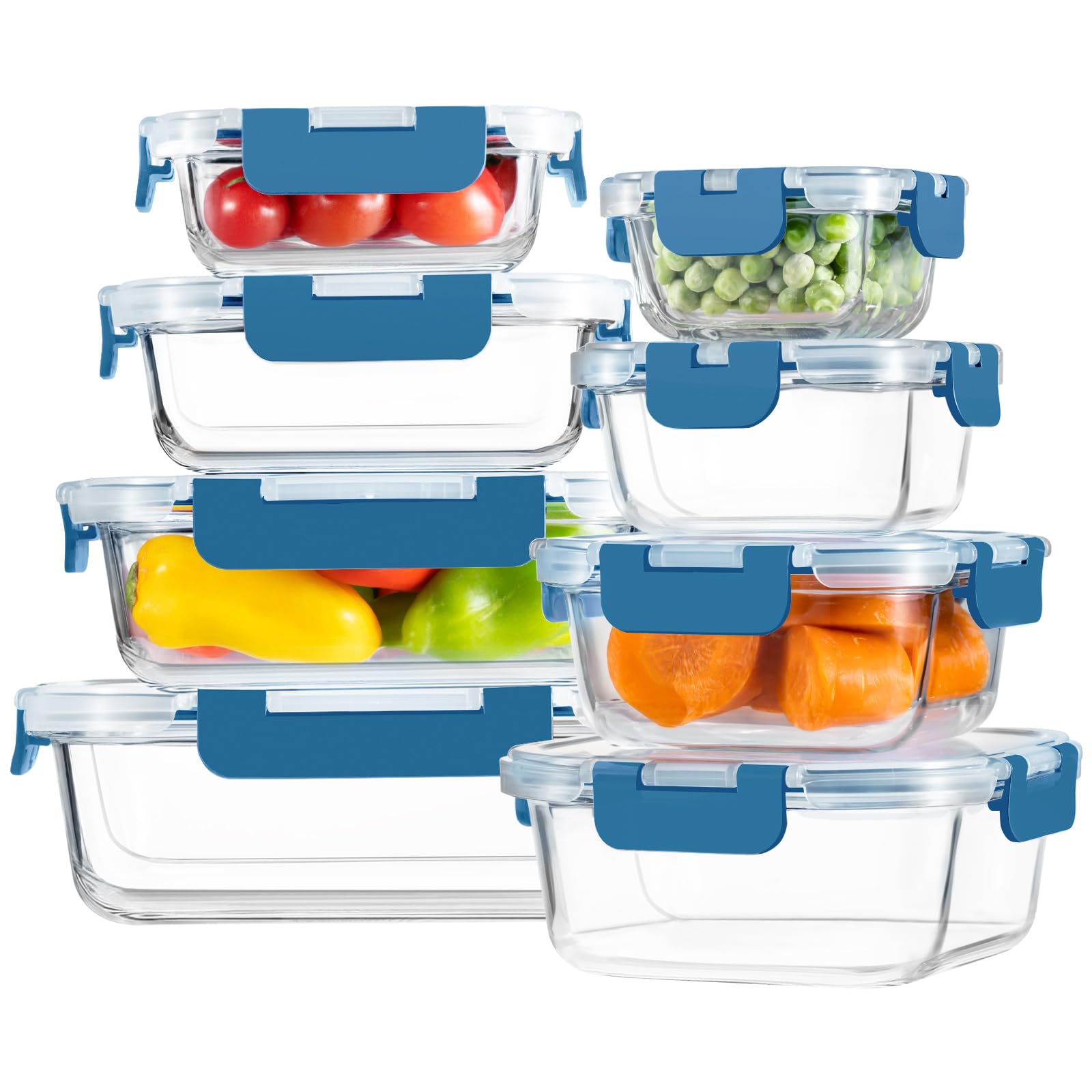 8 Pack Borosilicate Glass Food Storage Containers with Lids, Glass Meal Prep Containers, Airtight Bento Lunch Boxes with Snap Locks, Oven, Freezer and Dishwasher Safe, BPA Free, Kitchen Storage Set