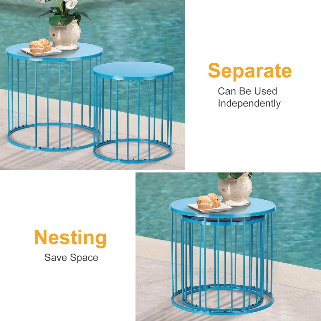 LEWIS&WAYNE Outdoor Side Table Set of 2, Metal Circle Accent End Tables for Balcony Backyard Garden Indoor Living Room, Durable Blue Nesting Coffee Tables, 20”+16” Dia