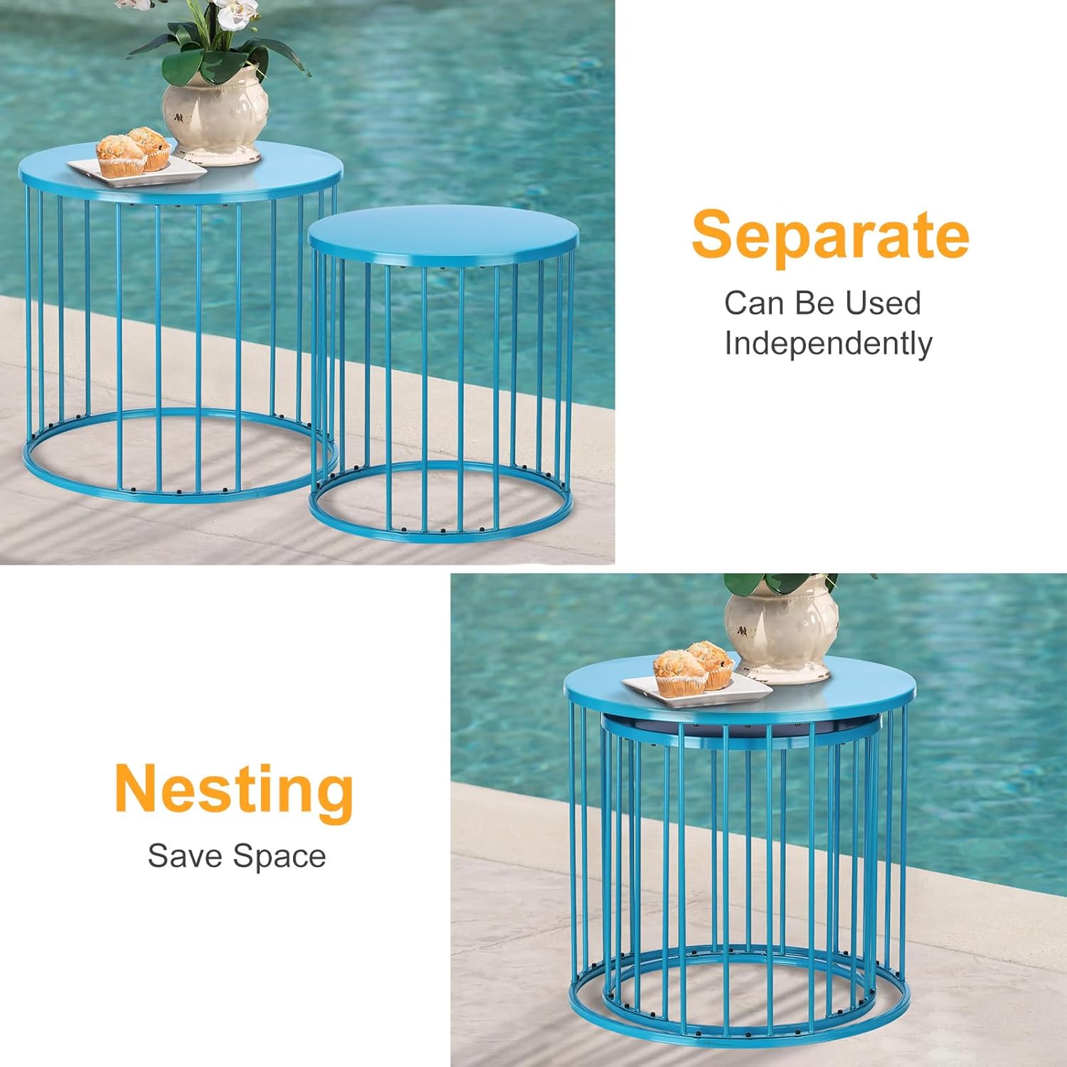 LEWIS&WAYNE Outdoor Side Table Set of 2, Metal Circle Accent End Tables for Balcony Backyard Garden Indoor Living Room, Durable Blue Nesting Coffee Tables, 20”+16” Dia