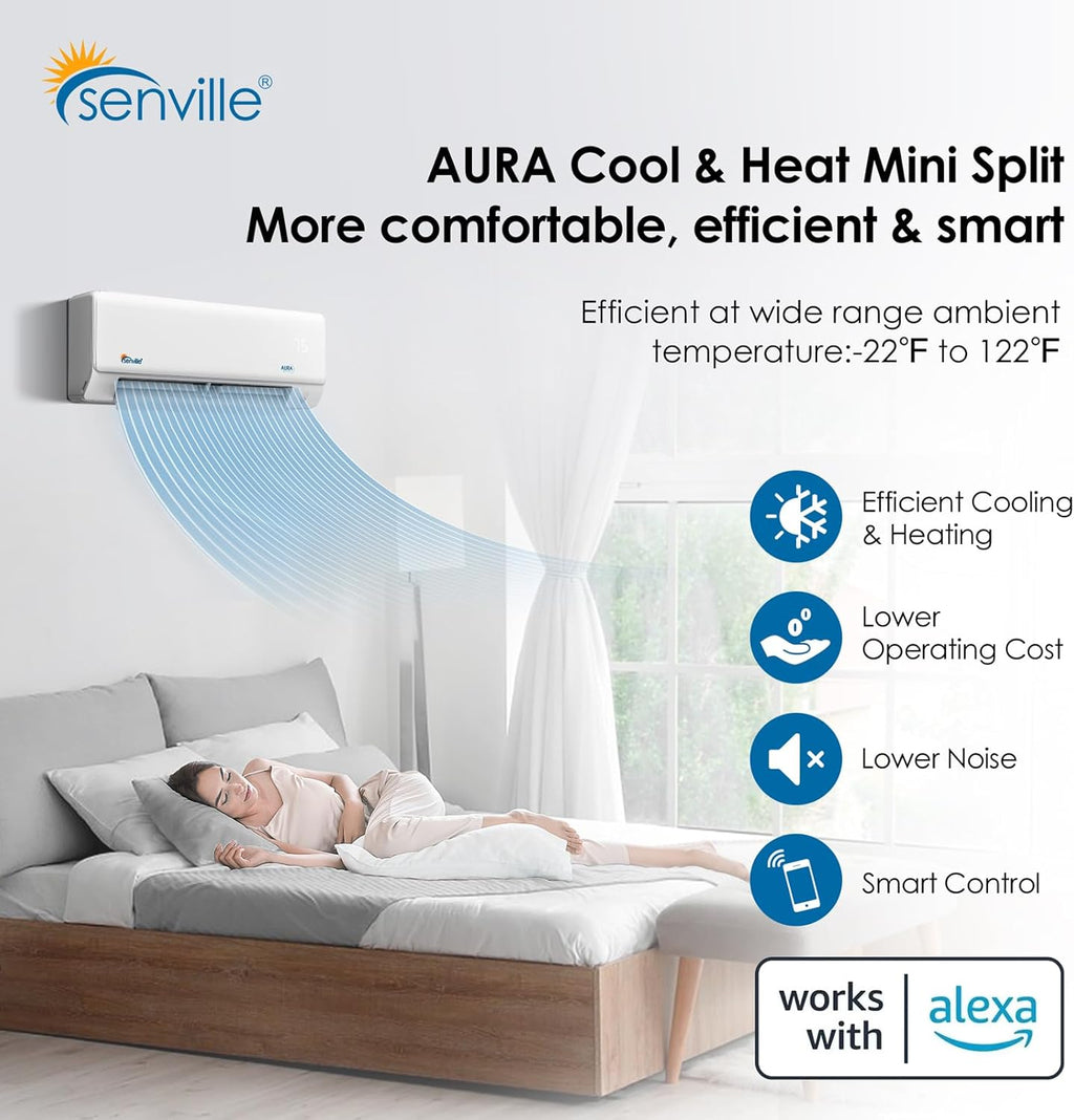 Senville AURA Series Mini Split Air Conditioner Inverter Heat Pump, 24000 BTU, Works with Alexa, Energy Star, White