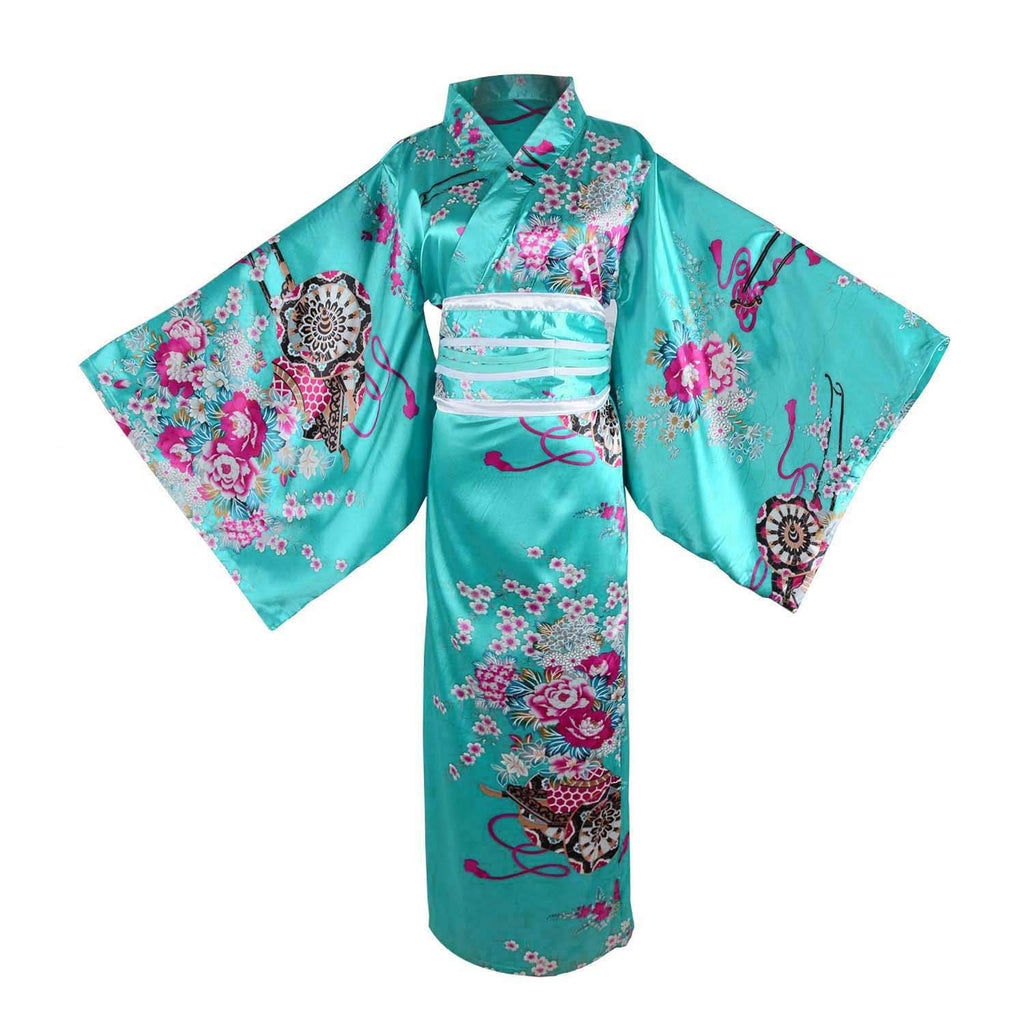 Kimono Costume Adult Japanese Geisha Floral Patten Gown Blossom Bathrobe Sleepwear With Obi Belt