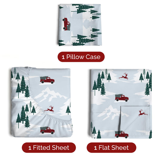 King Christmas Tree Sheet Set - Holiday Xmas Pattern Linen Set - Deep Pockets - Snug Fit - 4 Piece - Wrinkle Free - Comfy & Cooling Festive Winter Bedding - Easy To Care For - Kid Friendly