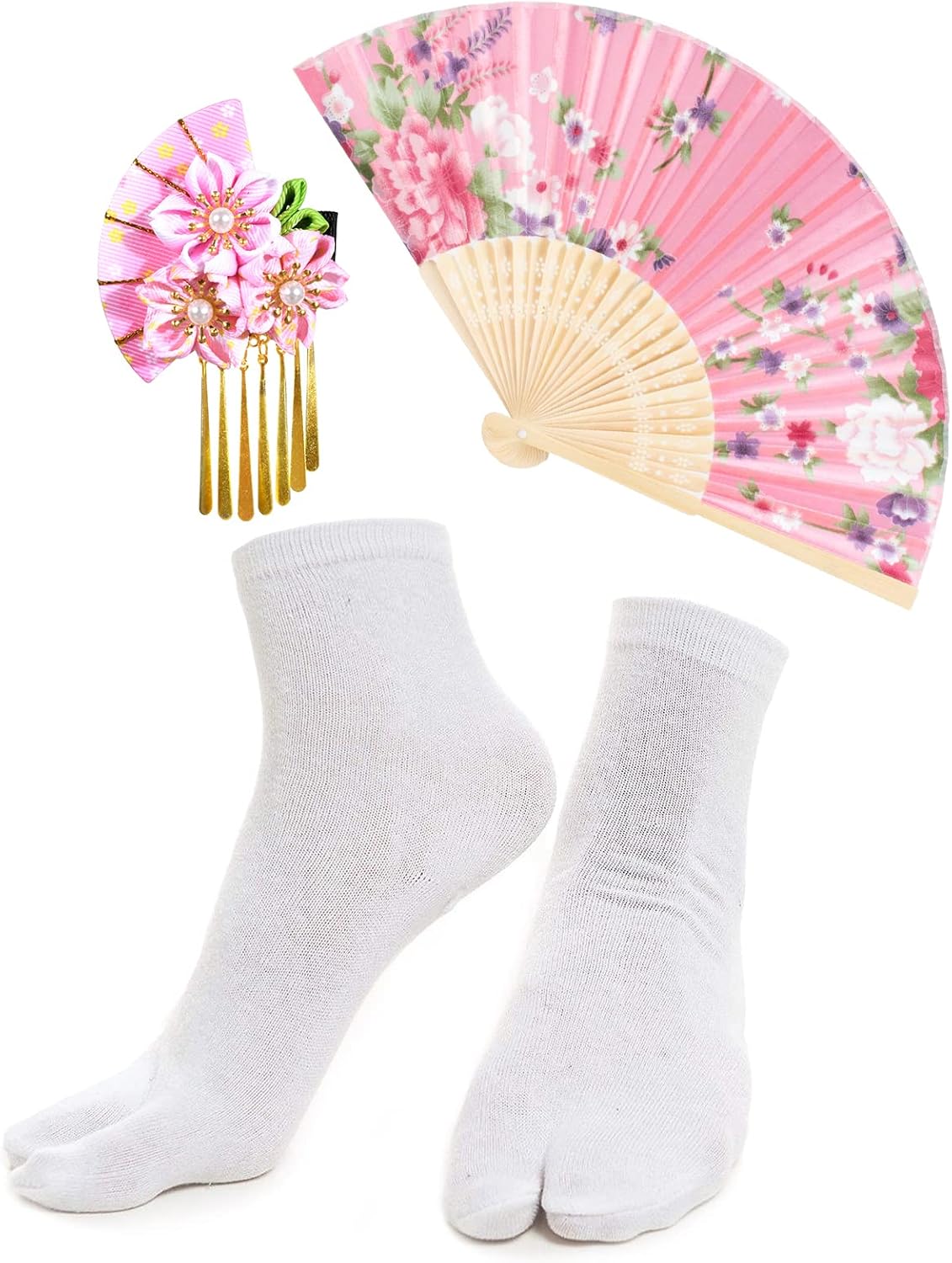 Women's Kimono Robe Geisha Yukata Sweet Tuxedo Ruffle Dress Blossom Satin Bathrobe Sleepwear Fans Tabi Socks Set