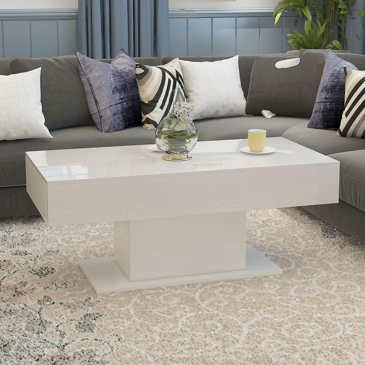 Led Coffee Table for Living Room, Living Room Table Rectangular Center Table, Modern High Glossy Wooden Coffee Tables with 16 Colors LED Lights for Dining Reception Room, White