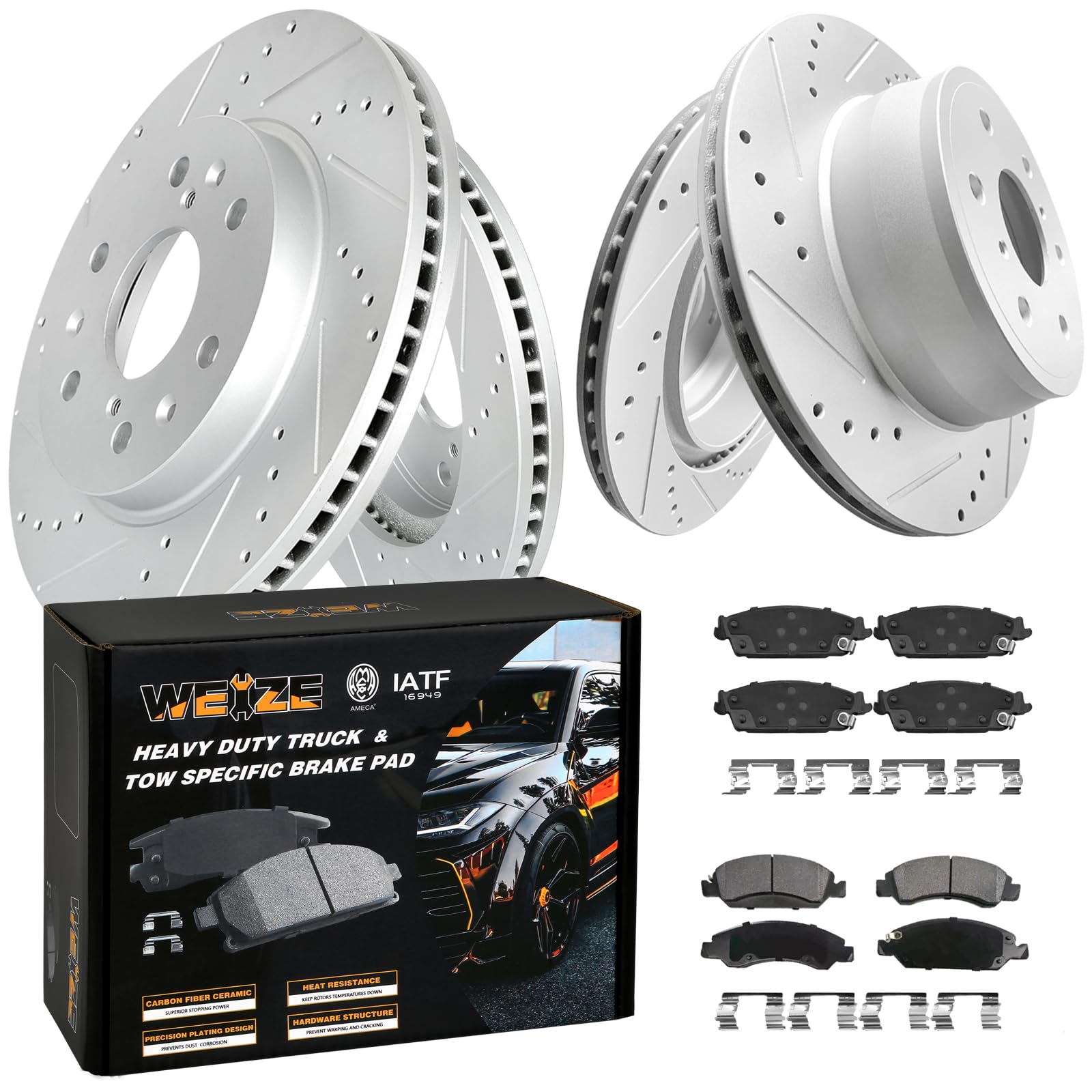 WEIZE Front +Rear Truck & Tow Brake Kit, Carbon Fiber Ceramic Brake Pads & Drilled/Slotted Brake Rotors, Fit for Dodge Ram 1500 & Classic Durango Chrysler Aspen, 5 Lug