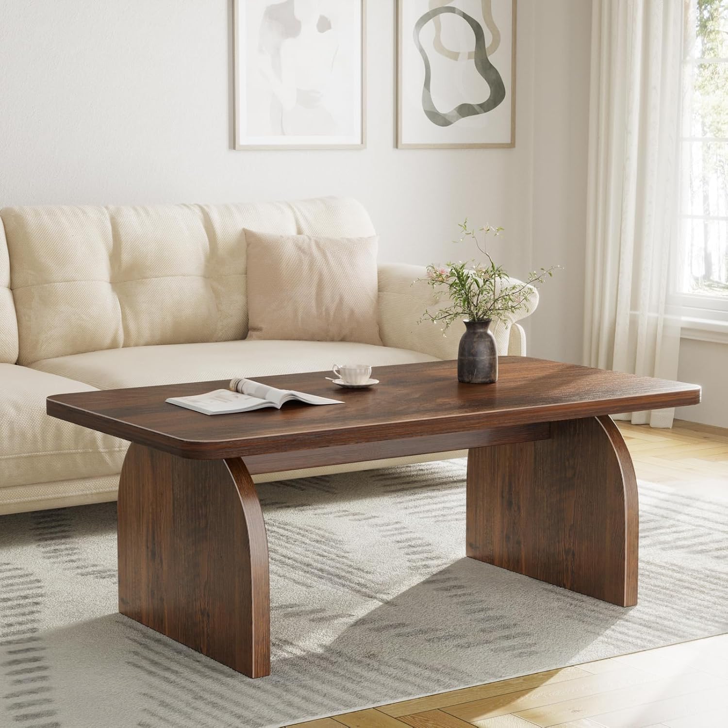 Farmhouse Coffee Table for Living Room - Dark Wood Rustic Rectangle Coffee Table Walnut, Solid Wooden Brown Center Table