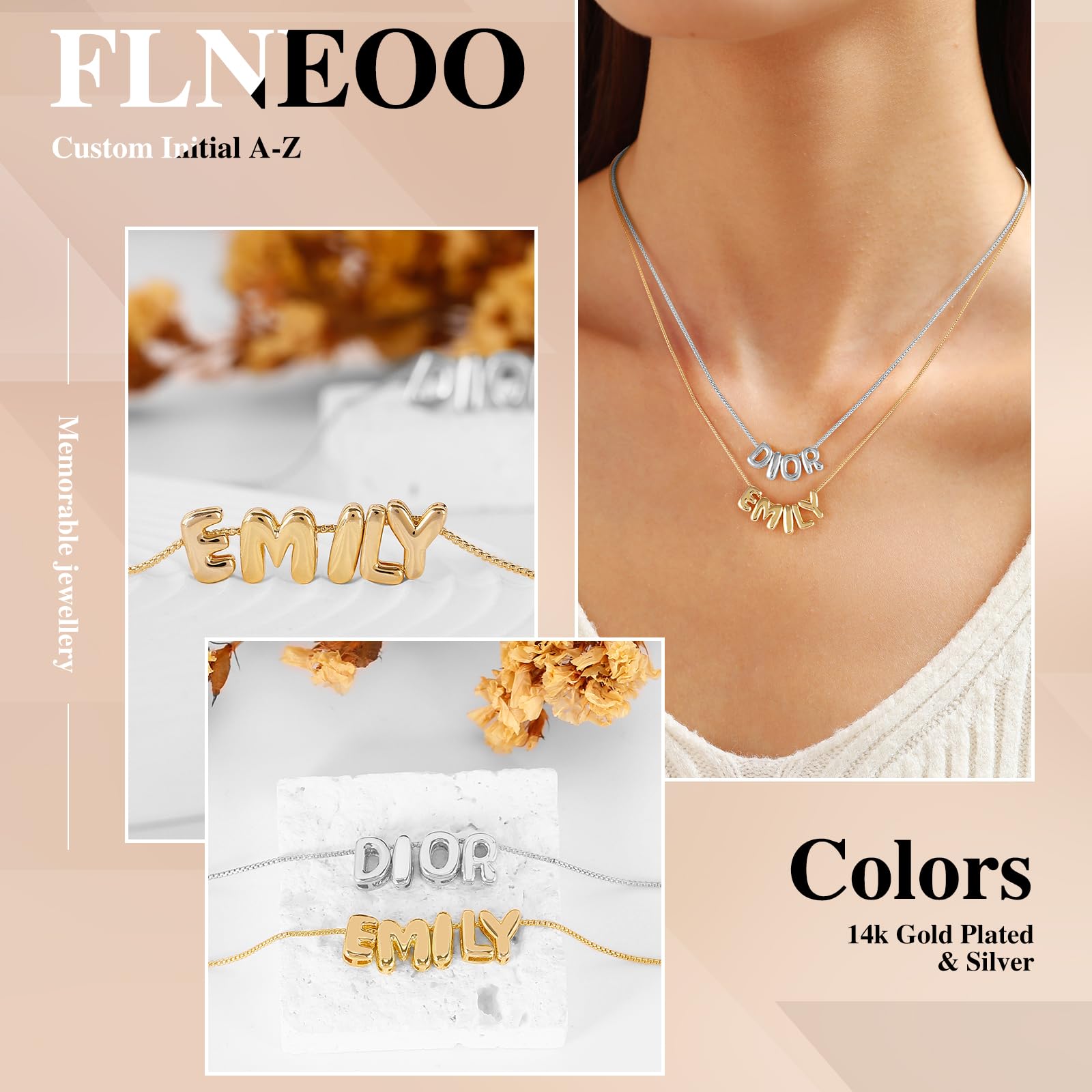 Custom Bubble 3D Letter Necklace Personalized Name Necklace 14K Gold Christmas Personalized Gifts Initial Necklace Dainty Charm Balloon Handmade Jewelry for Women Customized Alphabet Pendant A-Z