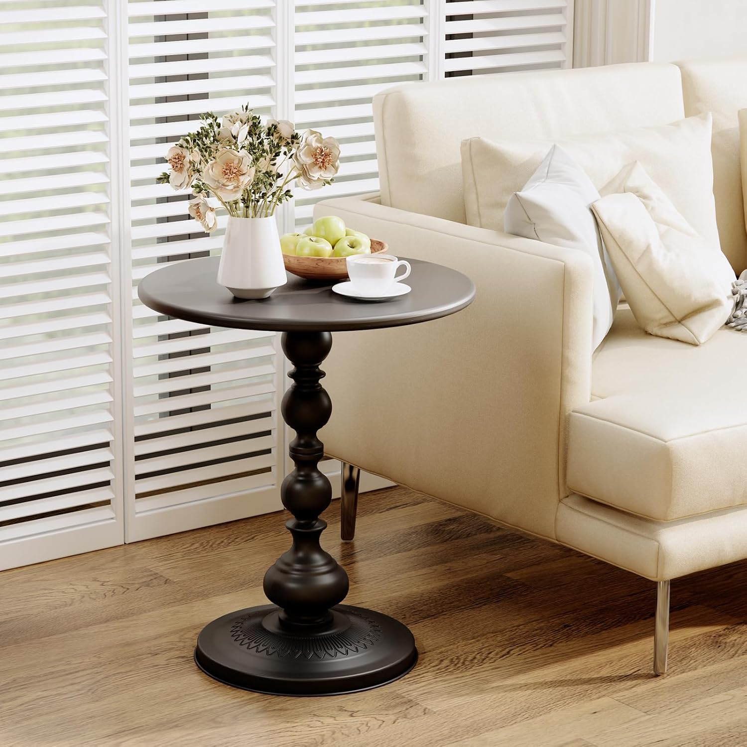 XIV Metal Small Round Side End Table, Vintage Matte Coffee Drink Cocktail Table, Accent Pedestal Table for Living Room Corners and Small Spaces, 21'' Height (Black)