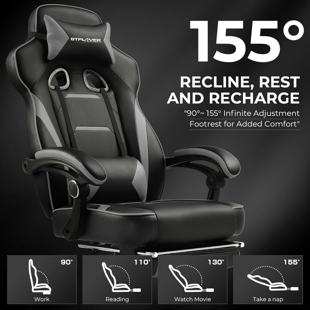 GTPLAYER Gaming Chair with Footrest, Big and Tall Computer Game Chair 350lb Racing Style, Ergonomic High Back Lumbar Support and Recliner, Moon Gray