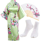 Heone Kimono Satin Peacock Printed Lightweight Cardigan Jacket Coat Yukata Cloak Bathrobe Tops folding Fans Tabi Socks Set