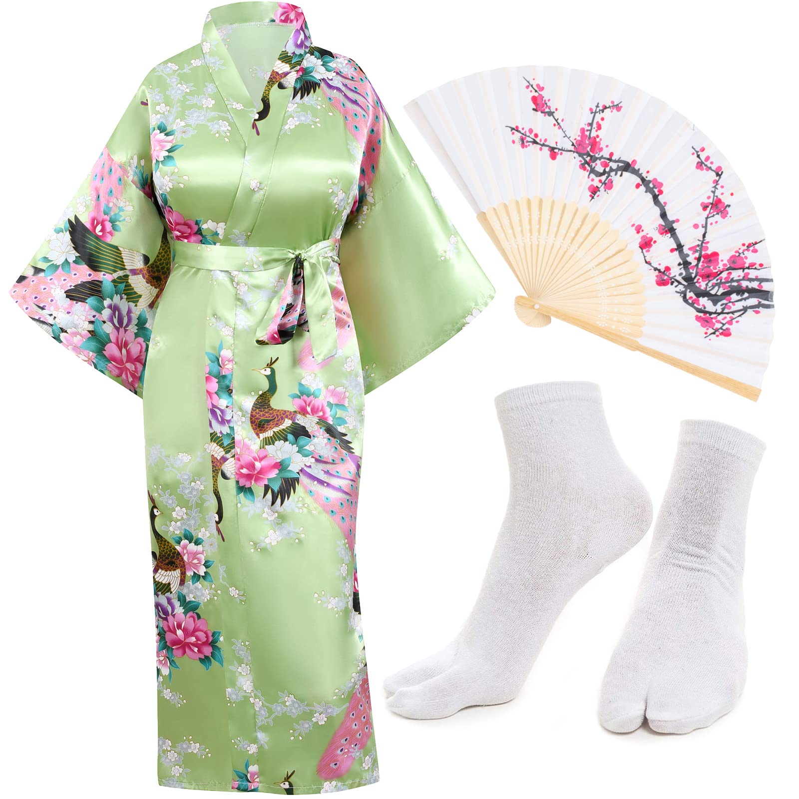 Heone Kimono Satin Peacock Printed Lightweight Cardigan Jacket Coat Yukata Cloak Bathrobe Tops folding Fans Tabi Socks Set