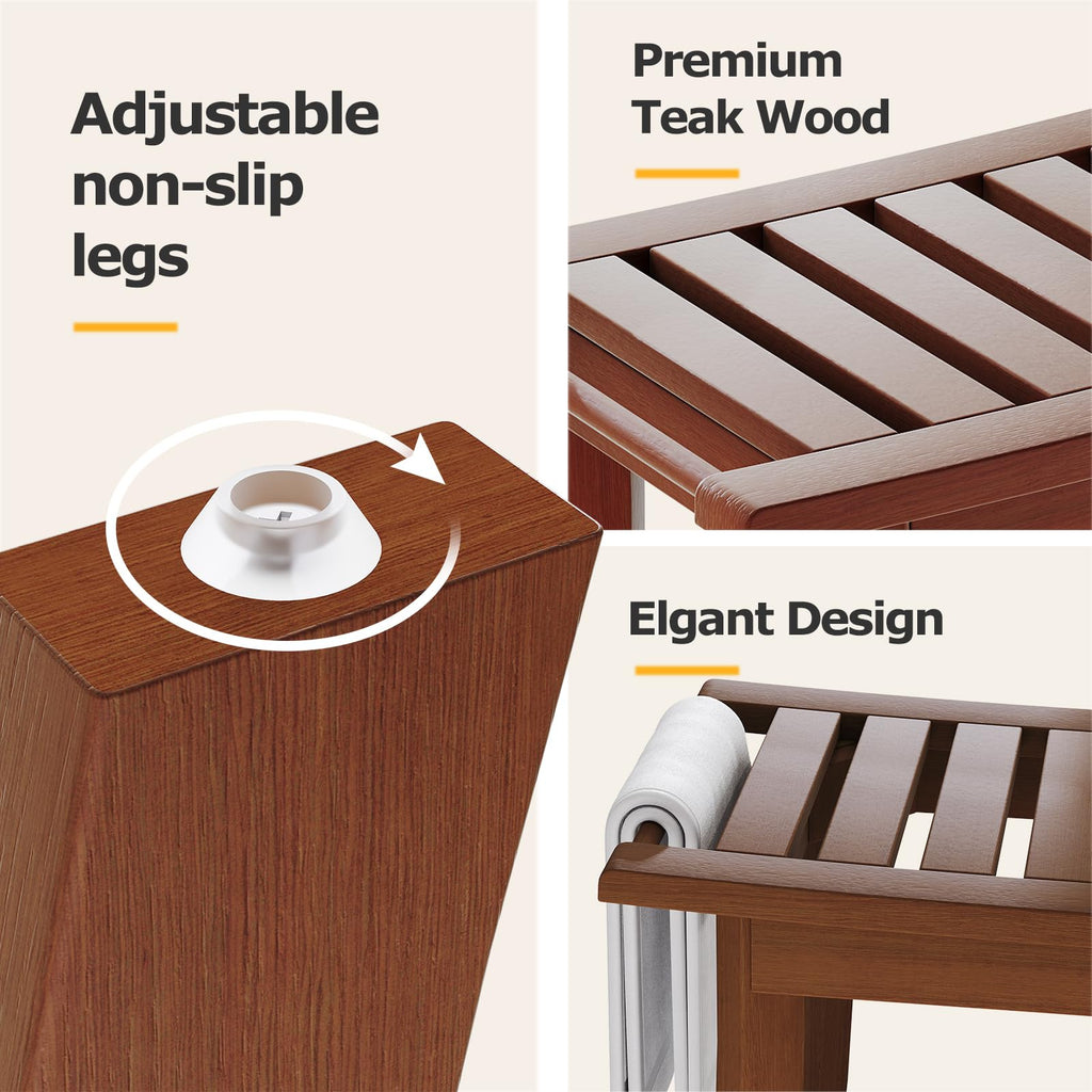 Homman Teak Shower Bench, 24 Inch Teak Shower Stool 300lbs Wood Shower Chair Seat with Storage Shelf Towel Rack for Bathroom Indoor and Outdoor Use