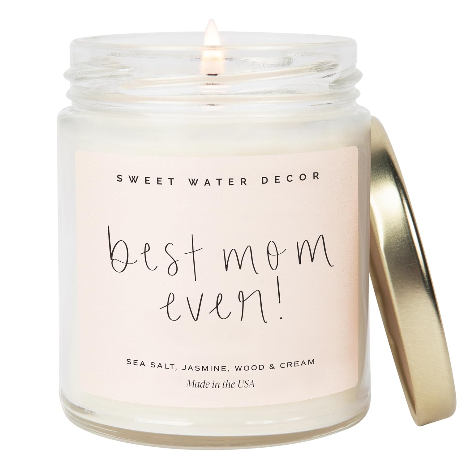Sweet Water Decor, Best Mom Ever Candle - Sea Salt, Jasmine, Cream, and Wood Scented Soy Wax Candle for Mom - 9oz Clear Jar, 40 Hour Burn Time, Made in the USA