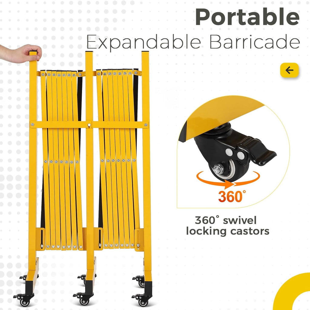 Folding Security Gate Expandable Barricade, Heavy-Duty Retractable Barrier with Wheels for Crowd Control, Traffic, Parking Lots, Warehouses & Residential Use, Lockable Casters, Weather-Resistant Steel