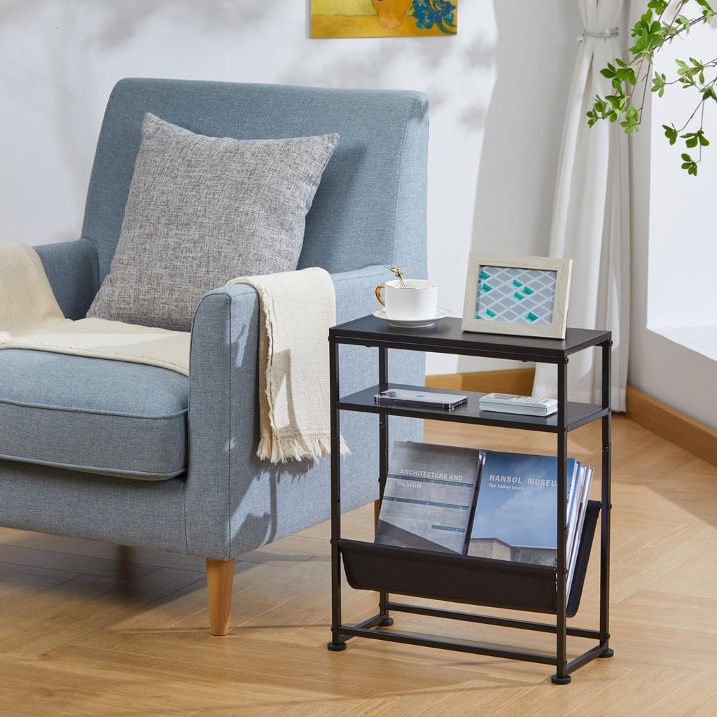 Narrow End Table for Small Spaces - Slim Side Table with Magazine Holder,2 in 1 Design Narrow Coffee Table Living Room,Skinny Bedroom Nightstand Thin Side Magazine Table,Black
