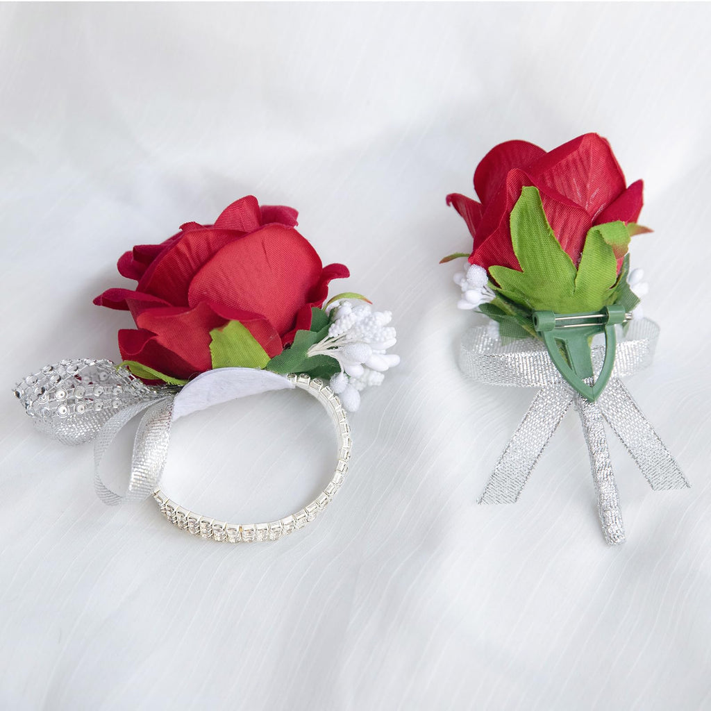 Vkkperp 2Pcs Red Artificial Rose Corsage Wristlet Band and Men Boutonniere Set, for Prom Suit Decorations Wedding Party Flower Accessories