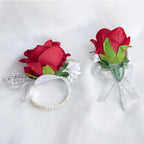 Vkkperp 2Pcs Red Artificial Rose Corsage Wristlet Band and Men Boutonniere Set, for Prom Suit Decorations Wedding Party Flower Accessories