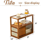 Tiita Rattan Nightstand Side Table, Bamboo Accent Bedside Tables, Glass Coffee Tables, Boho Wooden End Table with Storage for Small Space, Living Room and Bedroom