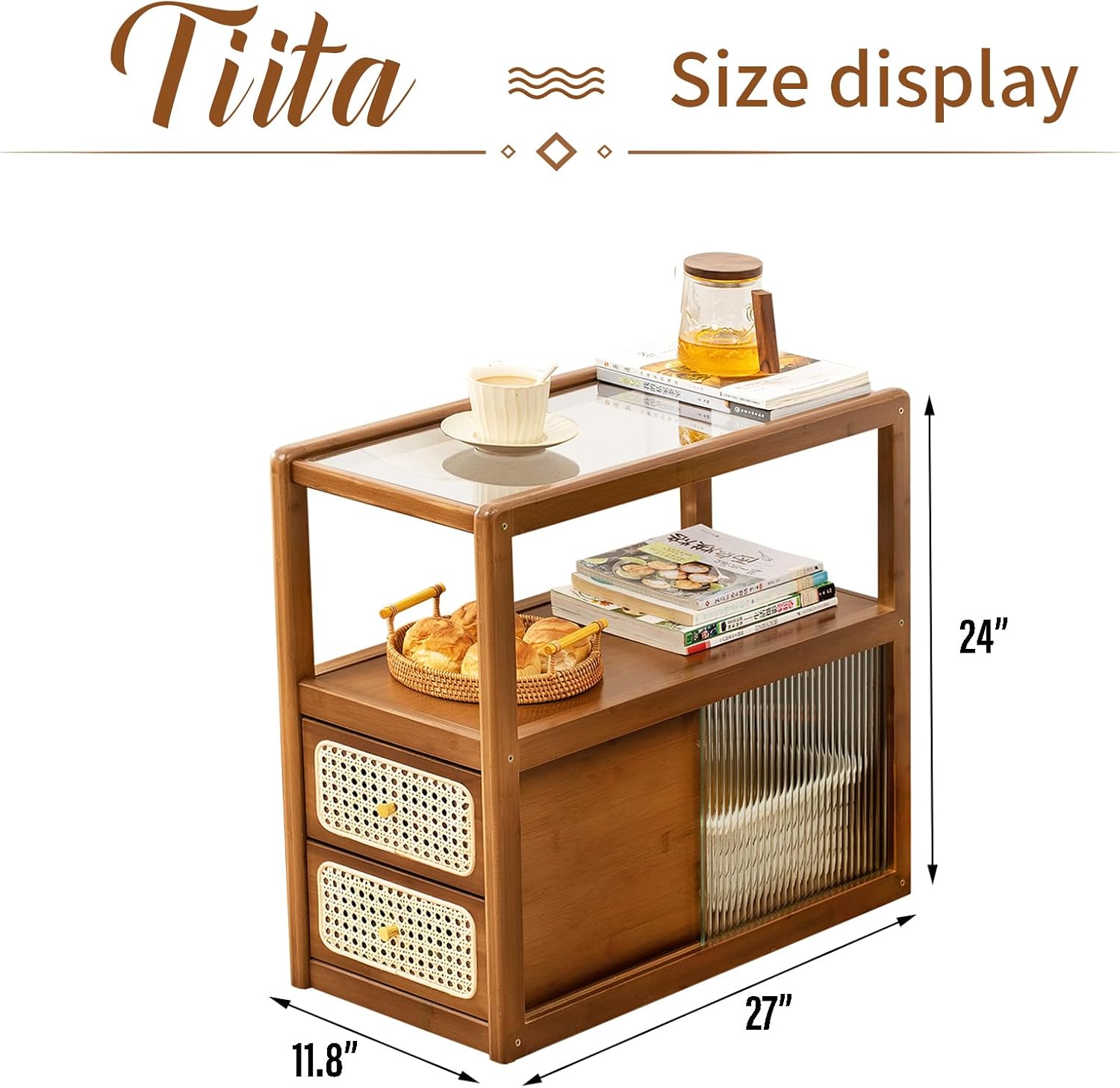 Tiita Rattan Nightstand Side Table, Bamboo Accent Bedside Tables, Glass Coffee Tables, Boho Wooden End Table with Storage for Small Space, Living Room and Bedroom