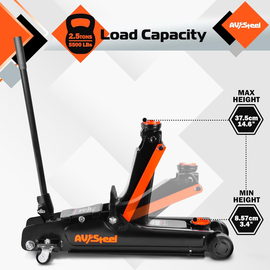 Floor Jack 2.5 Ton (5500 lbs), Low Profile Floor Jack with Single Piston Pump, Heavy Duty Steel Hydraulic Jack for Car, Jack for Car with Lifting Range 3.4'' to 14.6''