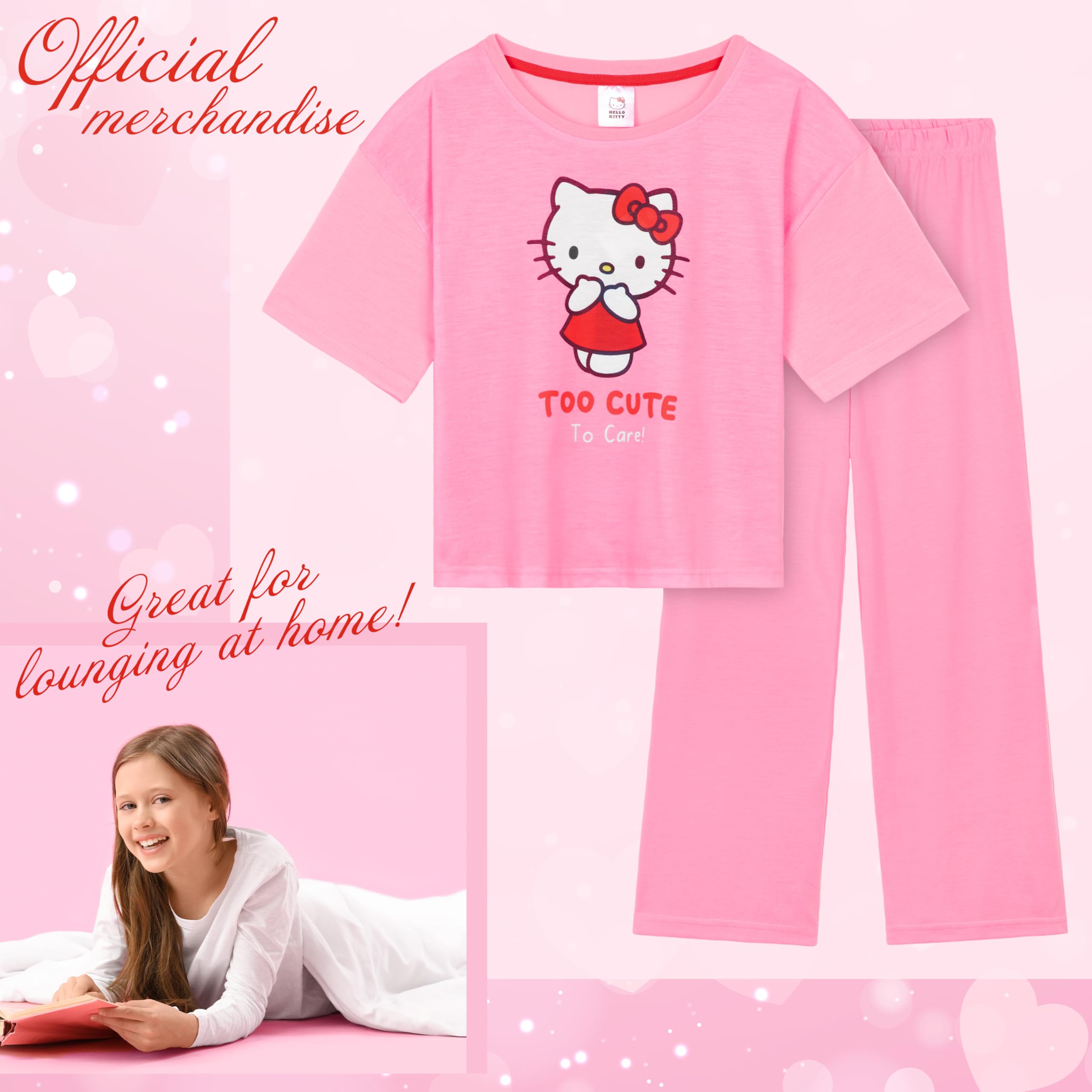 Hello Kitty Girls Pajamas Set, Comfortable Loungewear – Gifts for Girls (11-12 Years, Pink)