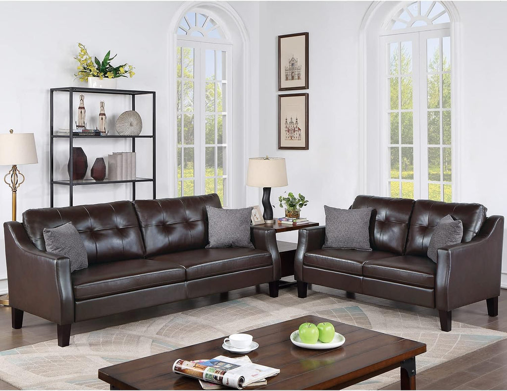 Poundex Faux Leather 2-Piece Set with Accent Pillows Sofas, Dark Brown