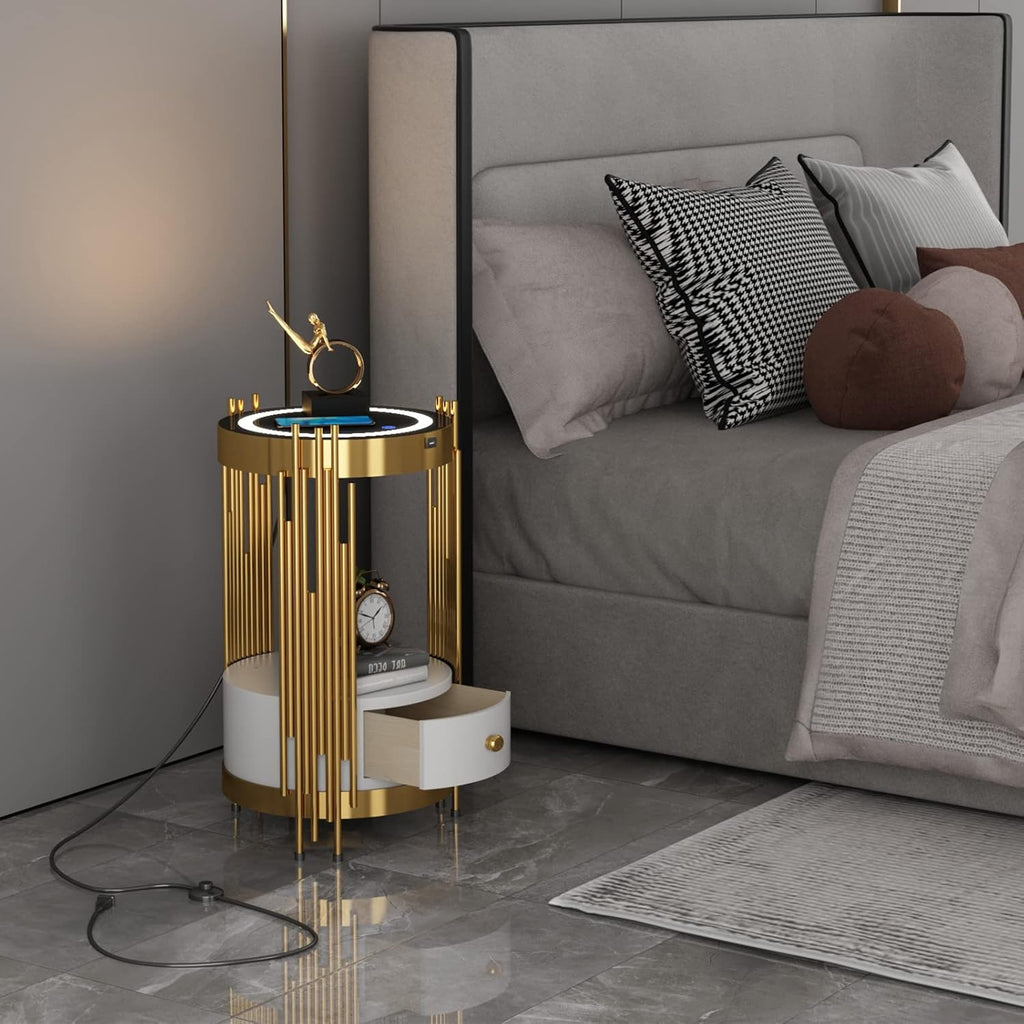 Gold Led Smart Round Nightstand with Drawer,Sofa Narrow End Table with Wireless Charging Station,Small Spaces Coffee Table/Bedside Table/Unique Accent Side Table