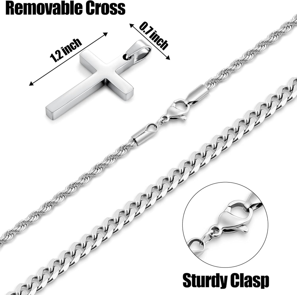 Fiusem 2 Pcs Cross Necklace Chain for Men and Women, Layered Mens Cross Necklaces Stainless Steel Pendant Cuban Link Rope Chain 16-26 Inch