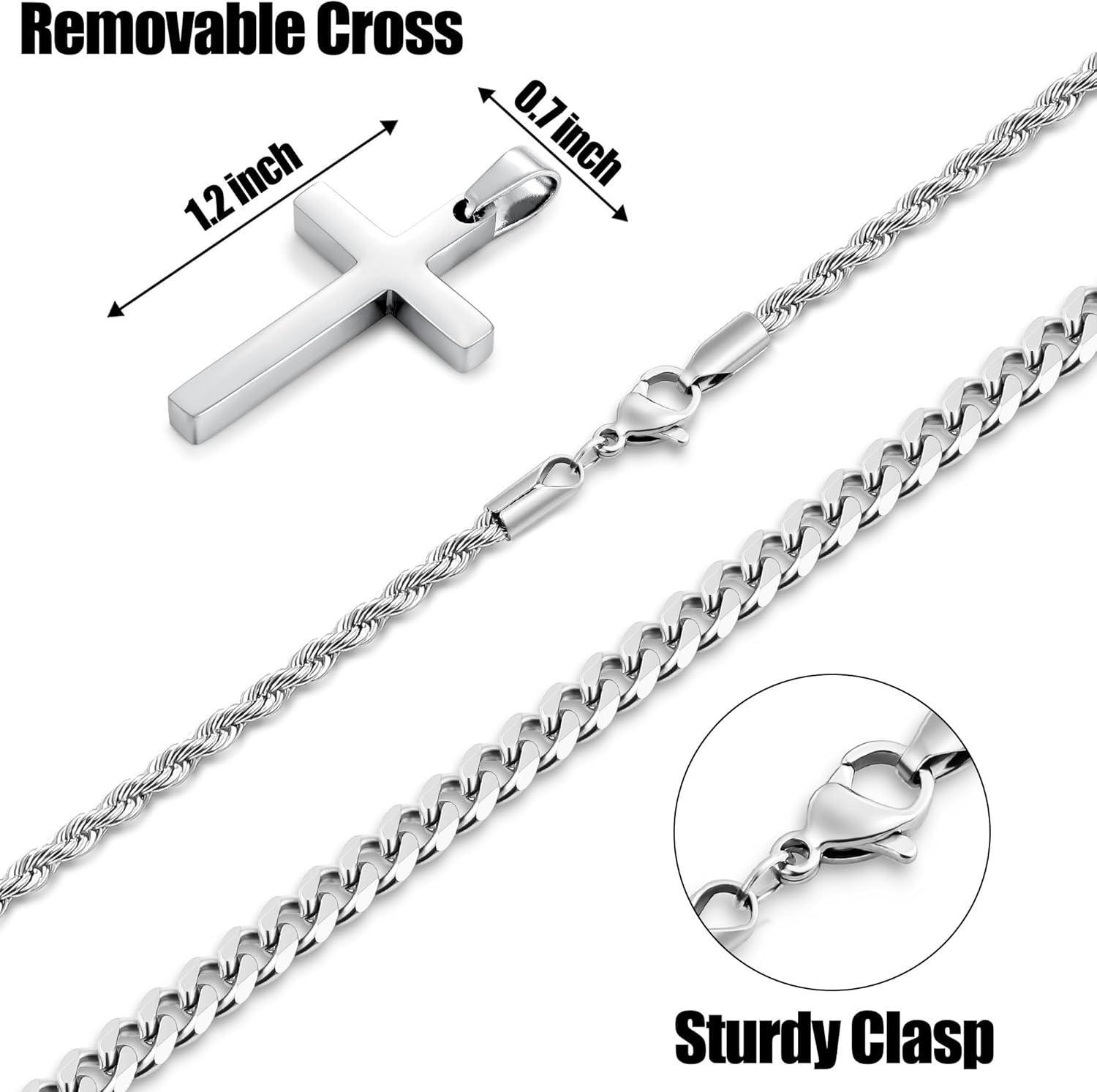 Fiusem 2 Pcs Cross Necklace Chain for Men and Women, Layered Mens Cross Necklaces Stainless Steel Pendant Cuban Link Rope Chain 16-26 Inch