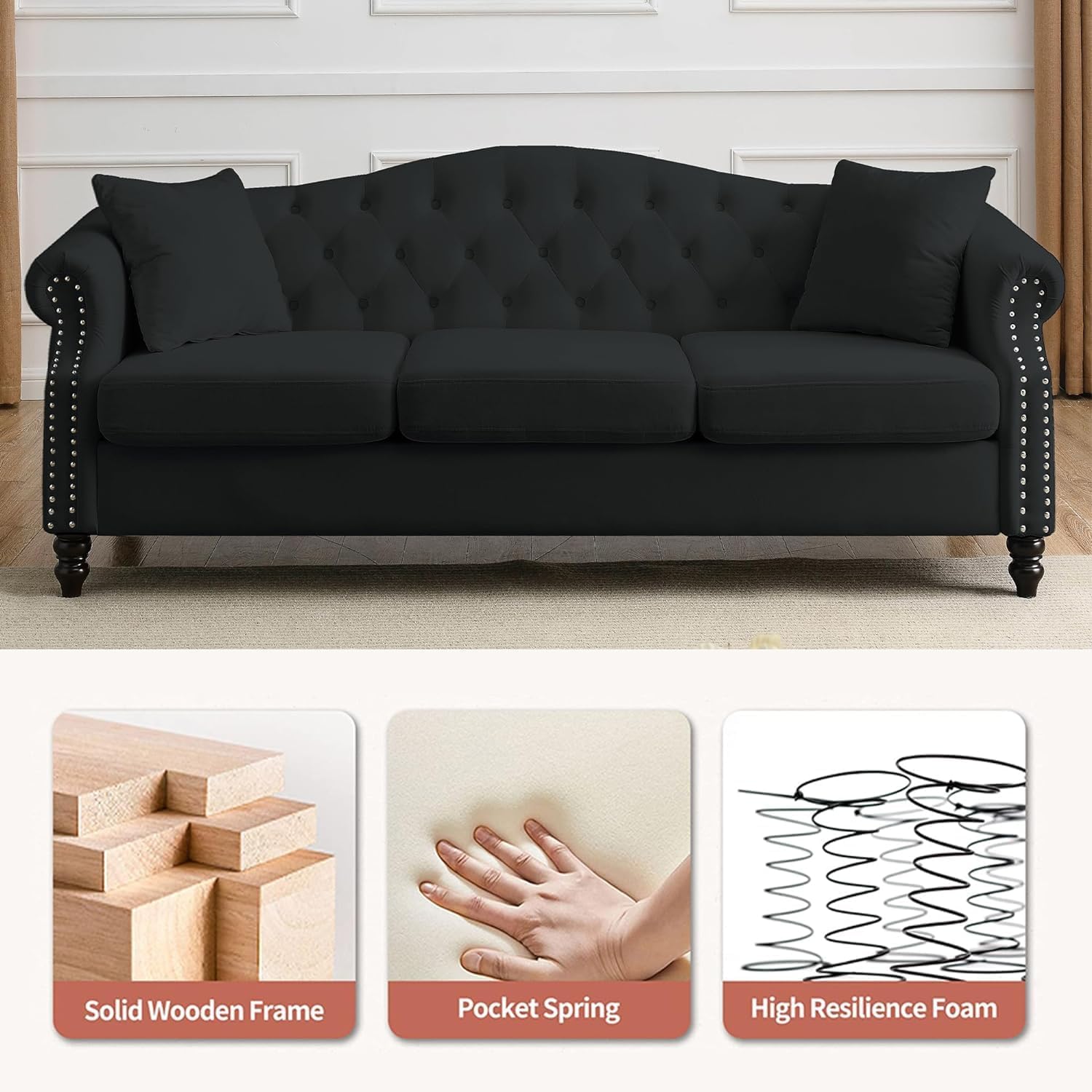 79" Chesterfield Velvet 3-Seater Sofa for Living Room,Tufted Couch with Rolled Arms Nailhead and Two Pillows for Living Room, Bedroom