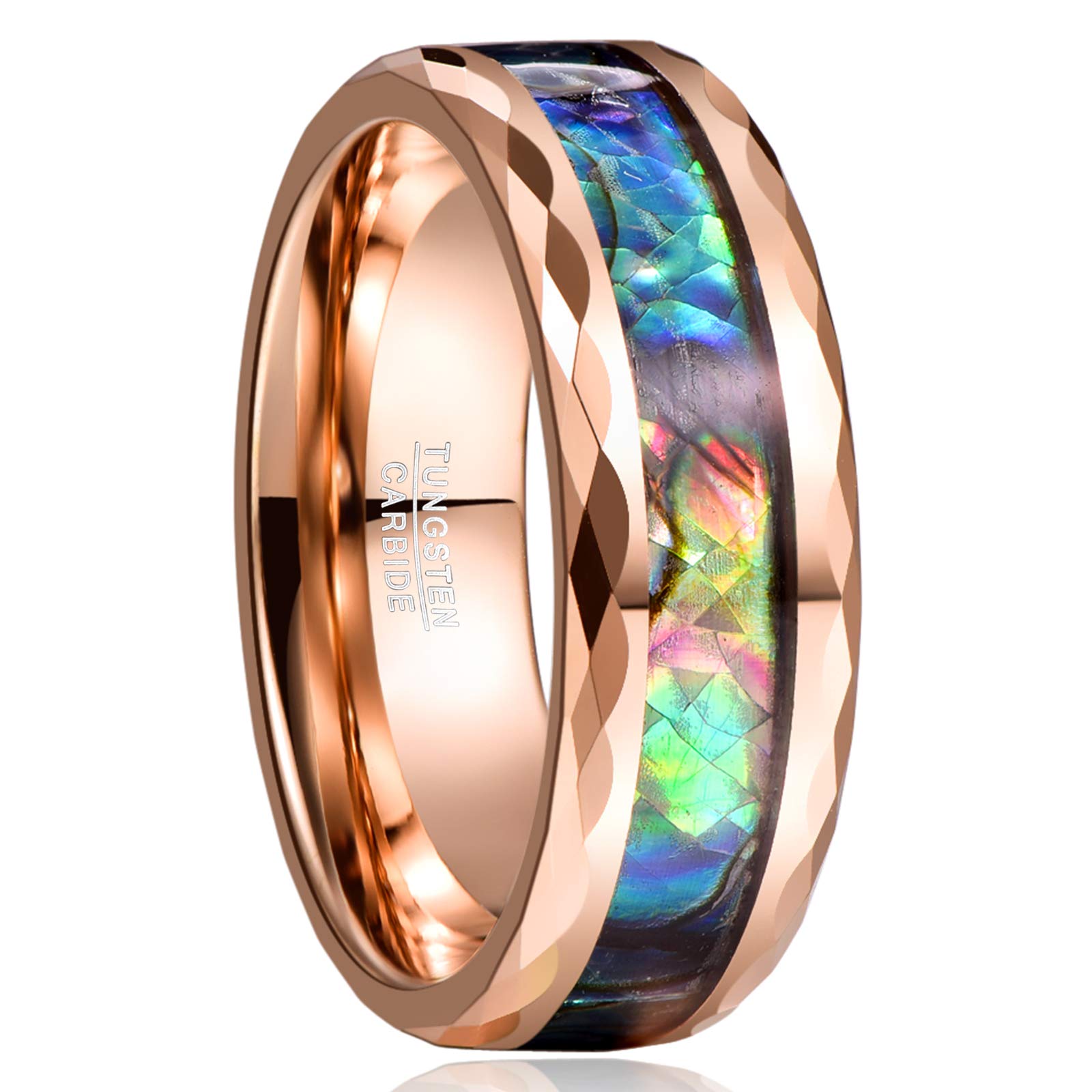 Vakki 8mm Abalone Shell Tungsten Rings for Men Women Black/Silver/Rose Gold Wedding Bands Faceted Edge Comfort Fit Size 5-14