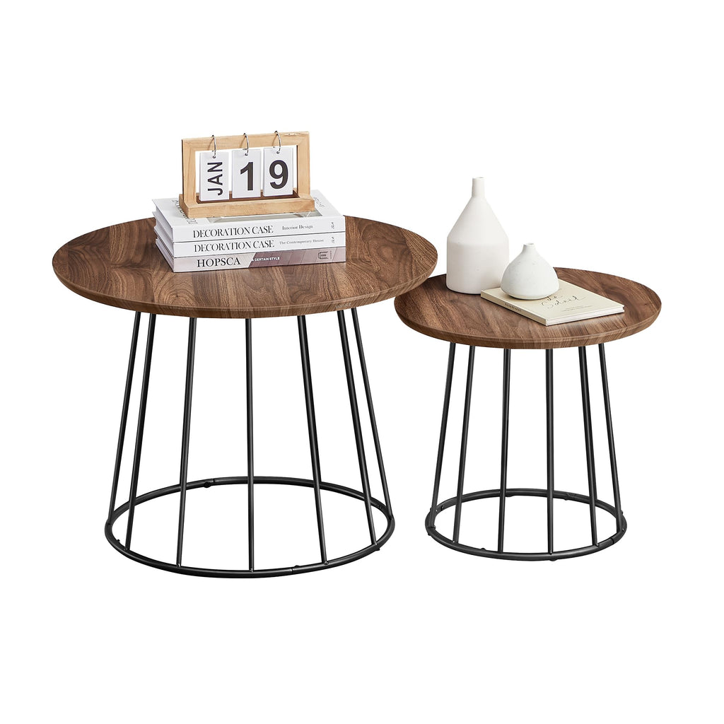 VASAGLE Round Coffee Tables, Set of 2, Modern Circle Side Tables with Steel Frame, for Living Room, Bedroom, Rustic Brown ULCT045K01
