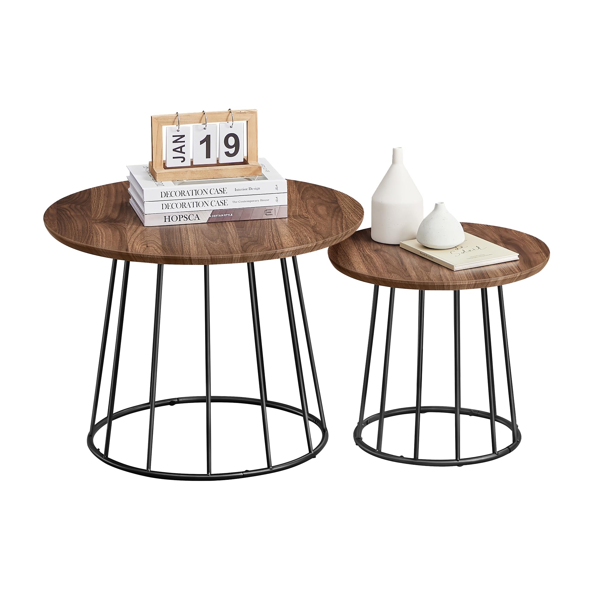 VASAGLE Round Coffee Tables, Set of 2, Modern Circle Side Tables with Steel Frame, for Living Room, Bedroom, Rustic Brown ULCT045K01