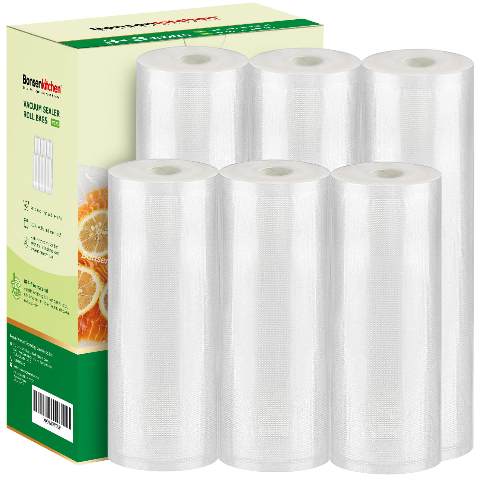 Bonsenkitchen Vacuum Sealer Rolls Bags, 6 Pack 3 Rolls 11" x 20' + 3 Rolls 8" x 20' Commercial Grade BPA Free Bag Rolls, Durable Customized Size Food Vac Bags for Storage and Sous Vide Cooking VB3211