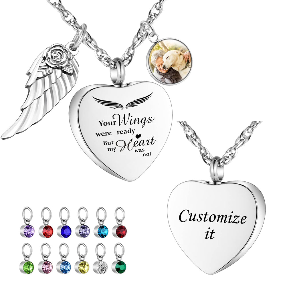 Dletay Heart Urn Necklace for Ashes with 12 Birthstones Cremation Jewelry for Ashes -Your Wings Were Ready My Heart Was Not