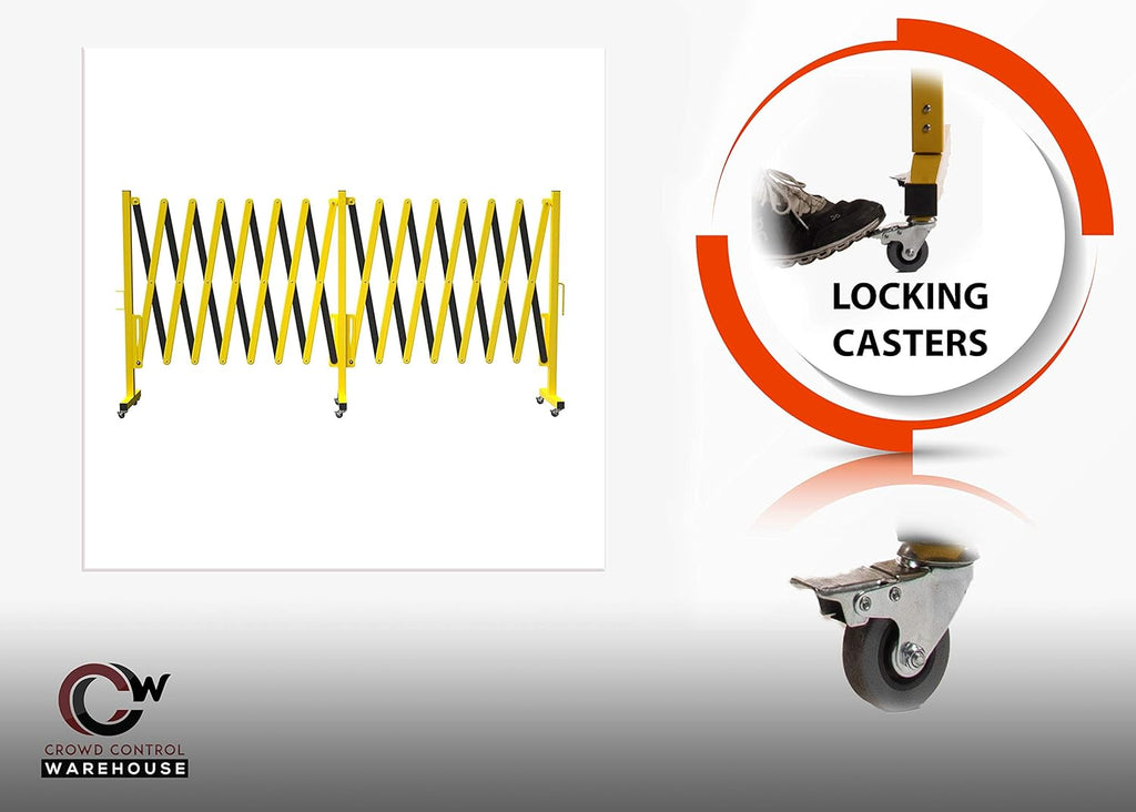 Trafford Industrial Expandable Metal Barricade, 16 Feet, Yellow and Black, Mobile Safety Barrier Gate, Retractable Traffic Fence