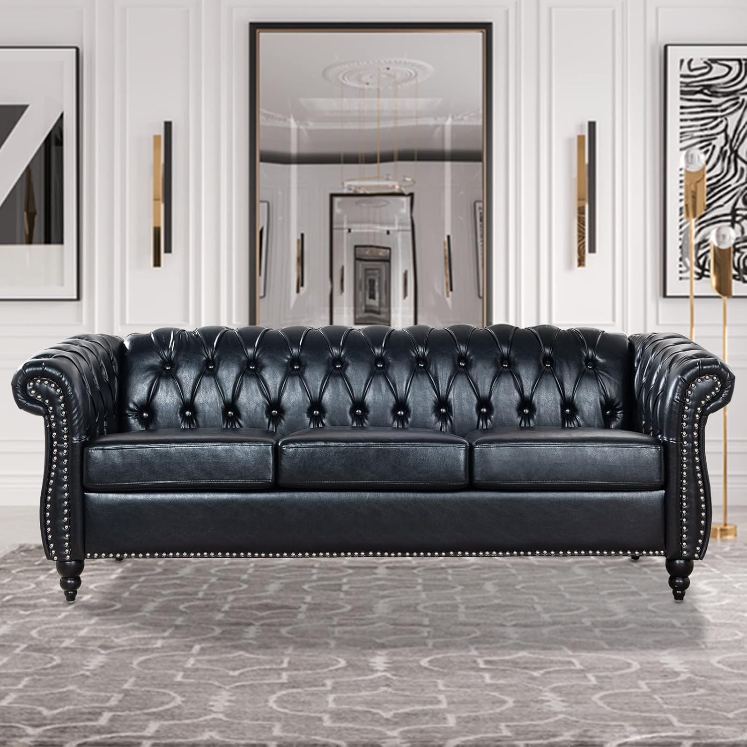 Chesterfield Sofas for Living Room, Black Rolled Arm 3-Seater Leather 84" Large Couch Deep Button Nailhead Tufted Upholstered Couches for Bedroom, Office Apartment Easy to Assemble
