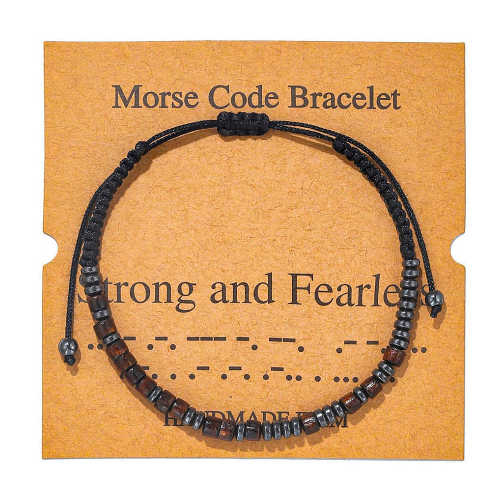 RINTOLER Morse Code Bracelets for Women Men Gifts for Her Best Friend Funny Inspirational Bracelets for Women Adjustable Silk Beaded Wrap Bracelet (Strong and Fearless)