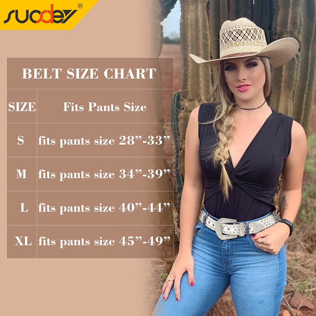 SUOSDEY Rhinestone Belt for Men Women Western Cowboy Cowgirl Bling Studded Leather Belt for Jeans Pants,White,M