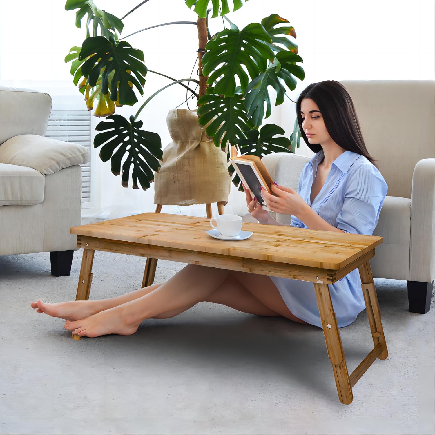 Bamboo Coffee Table Foldable,Low Floor Dining Table Collapsible Oriental Folding Table for Living Room Small Spaces Picnic Table Ground Portable Table,Floor Desk for Adults,33.5Lx17.7Wx5.7H