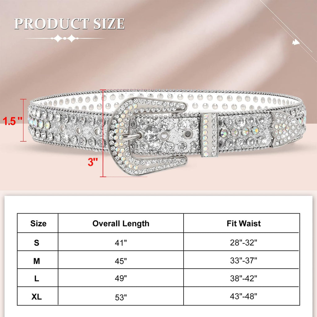 WHIPPY Women Rhinestones Leather Belts Bling Studded Western Cowgirl Waist Belt for Jeans Pants with Removable Buckle, Silver Sequin, S
