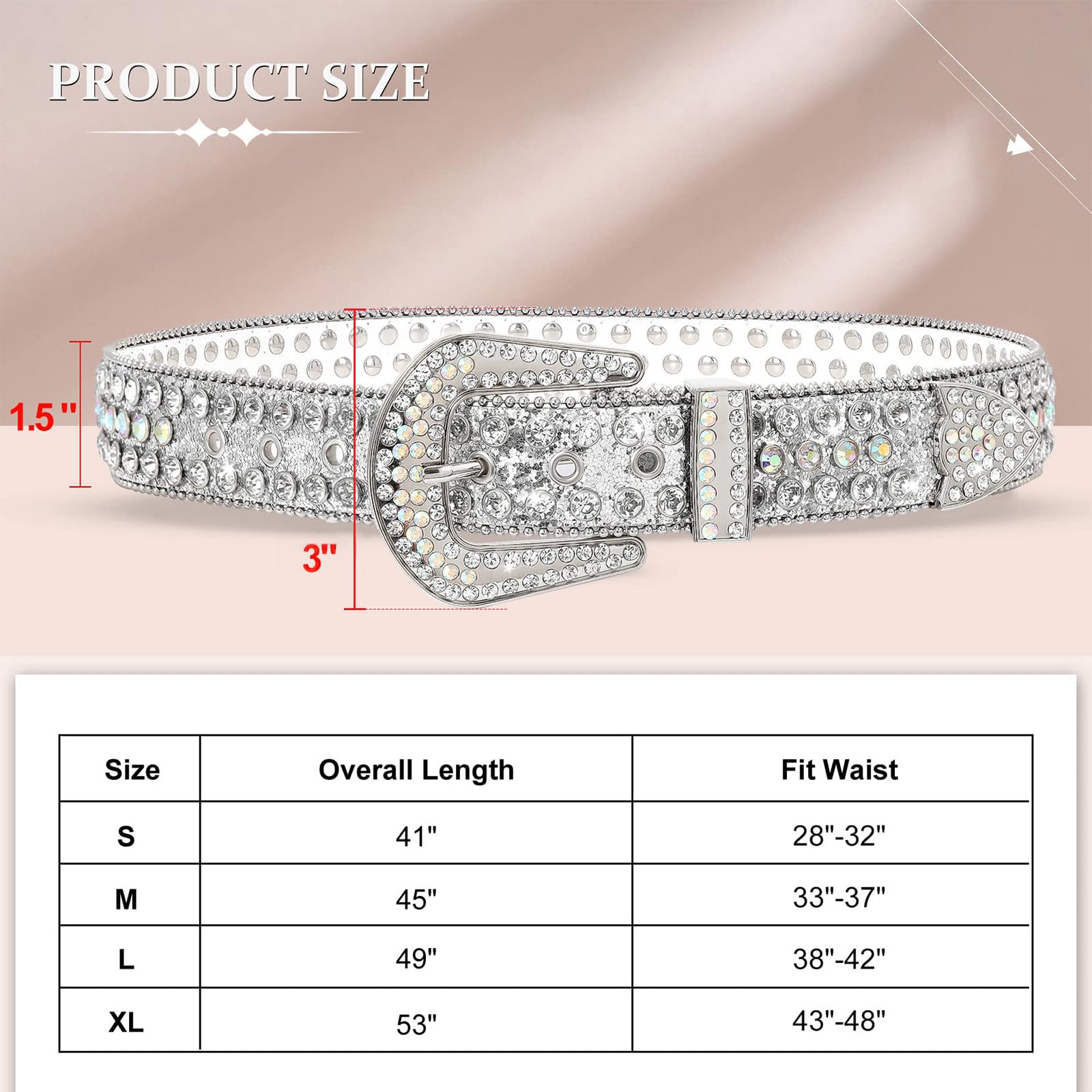 WHIPPY Women Rhinestones Leather Belts Bling Studded Western Cowgirl Waist Belt for Jeans Pants with Removable Buckle, Silver Sequin, S