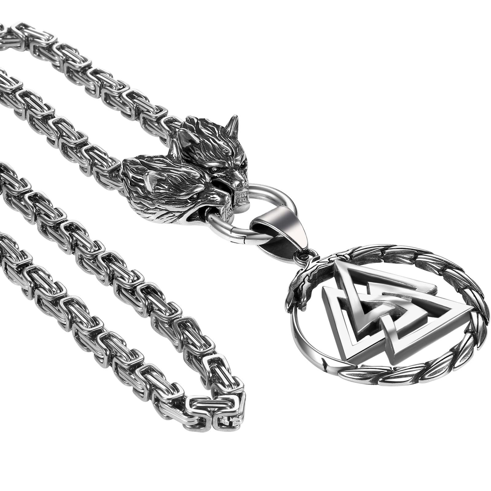 OIDEA Viking Thor's Hammer Necklace for Men: Vintage Viking Helm of Awe Mjolnir Pendant with Wolf Head Byzantine Chain Amulet Jewelry Gift for Men Women 24in Chain